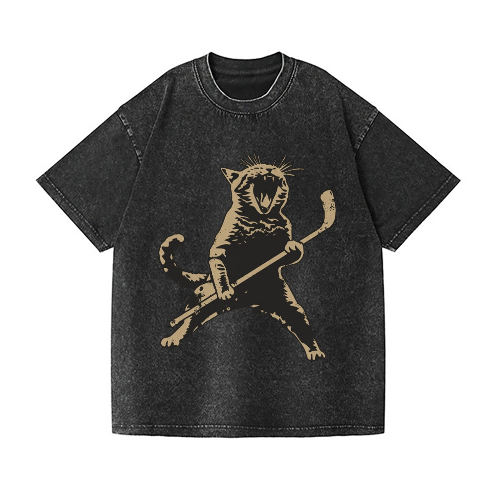 Cat Playing Ice Hockey Vintage Wash Japanese Design T-Shirt