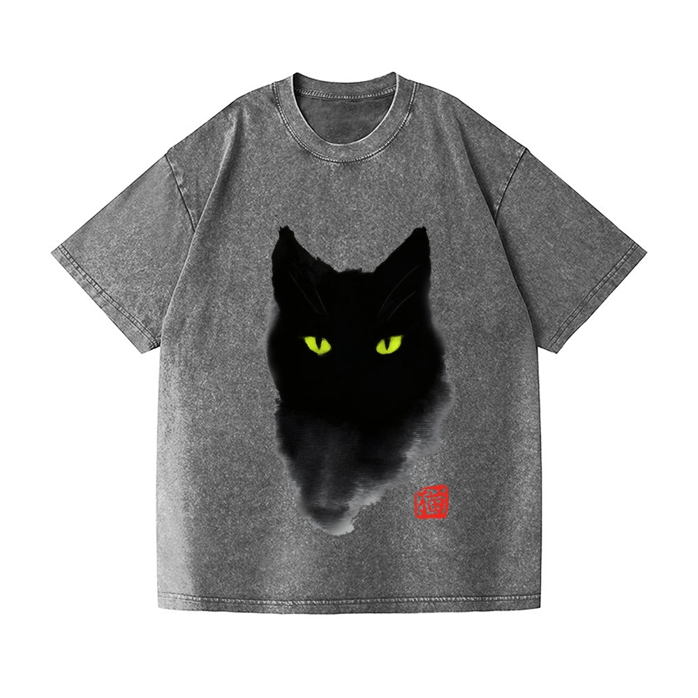 Black Cat Vintage Wash Japanese Design T-Shirt