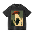 Cat Alien Kawaii Funny UFO Vintage Wash Japanese Design T-Shirt
