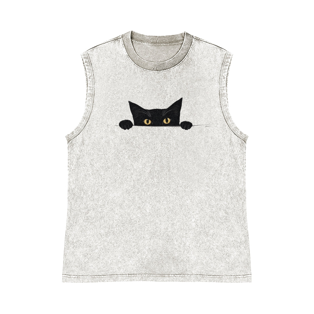 Black Cat Pure Cotton Wash-Dyed Sleeveless Tank Top