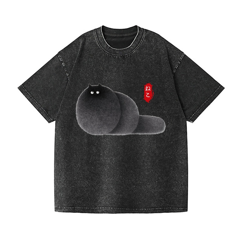 Black Cat Vintage Wash Japanese Design T-Shirt