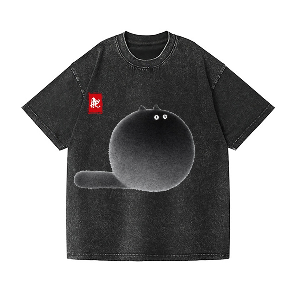 Black Cat Vintage Wash Japanese Design T-Shirt
