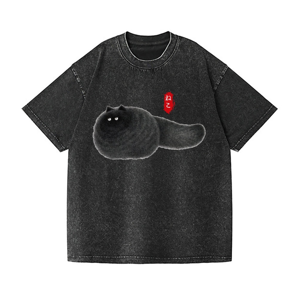 Black Cat Vintage Wash Japanese Design T-Shirt