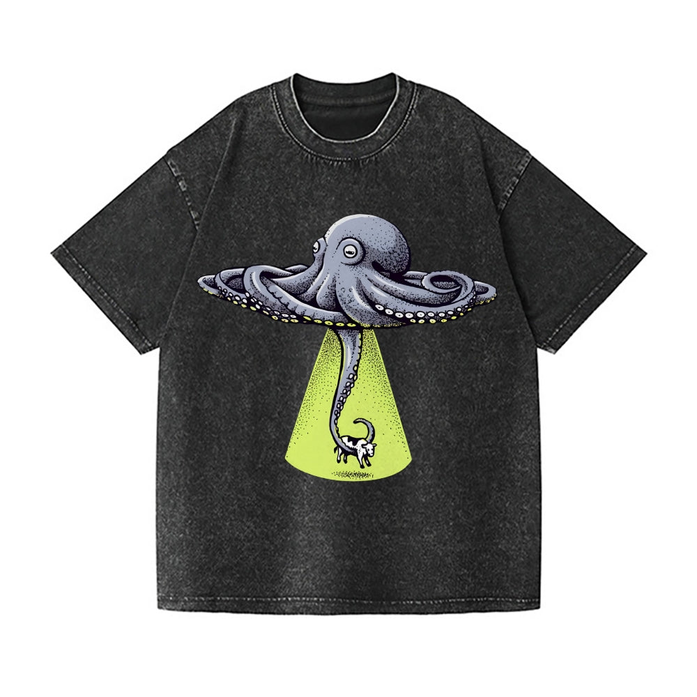 UFO Unidentifed Flying Octopus Vintage Wash Japanese Design T-Shirt