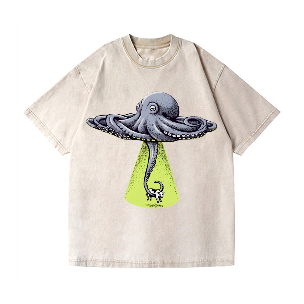 UFO Unidentifed Flying Octopus Vintage Wash Japanese Design T-Shirt