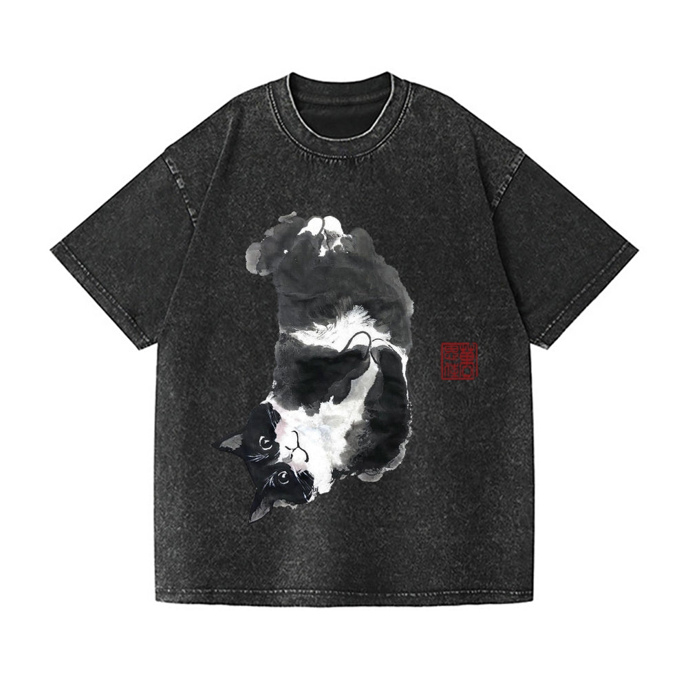 Tuxedo Cat Vintage Wash Japanese Design T-Shirt