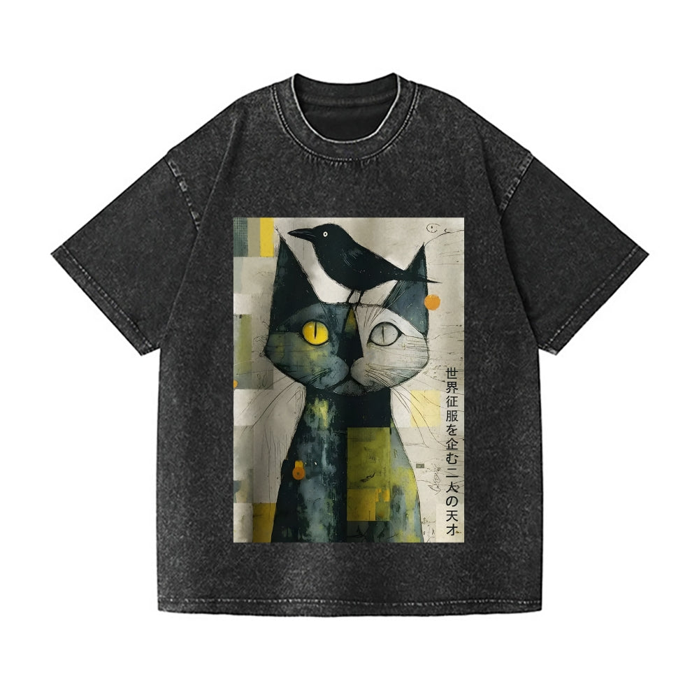 Abstract Cat Vintage Wash Japanese Design T-Shirt