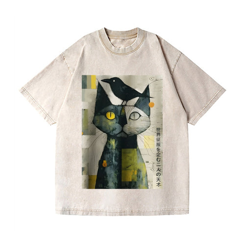 Abstract Cat Vintage Wash Japanese Design T-Shirt