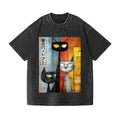 Abstract Cat Vintage Wash Japanese Design T-Shirt
