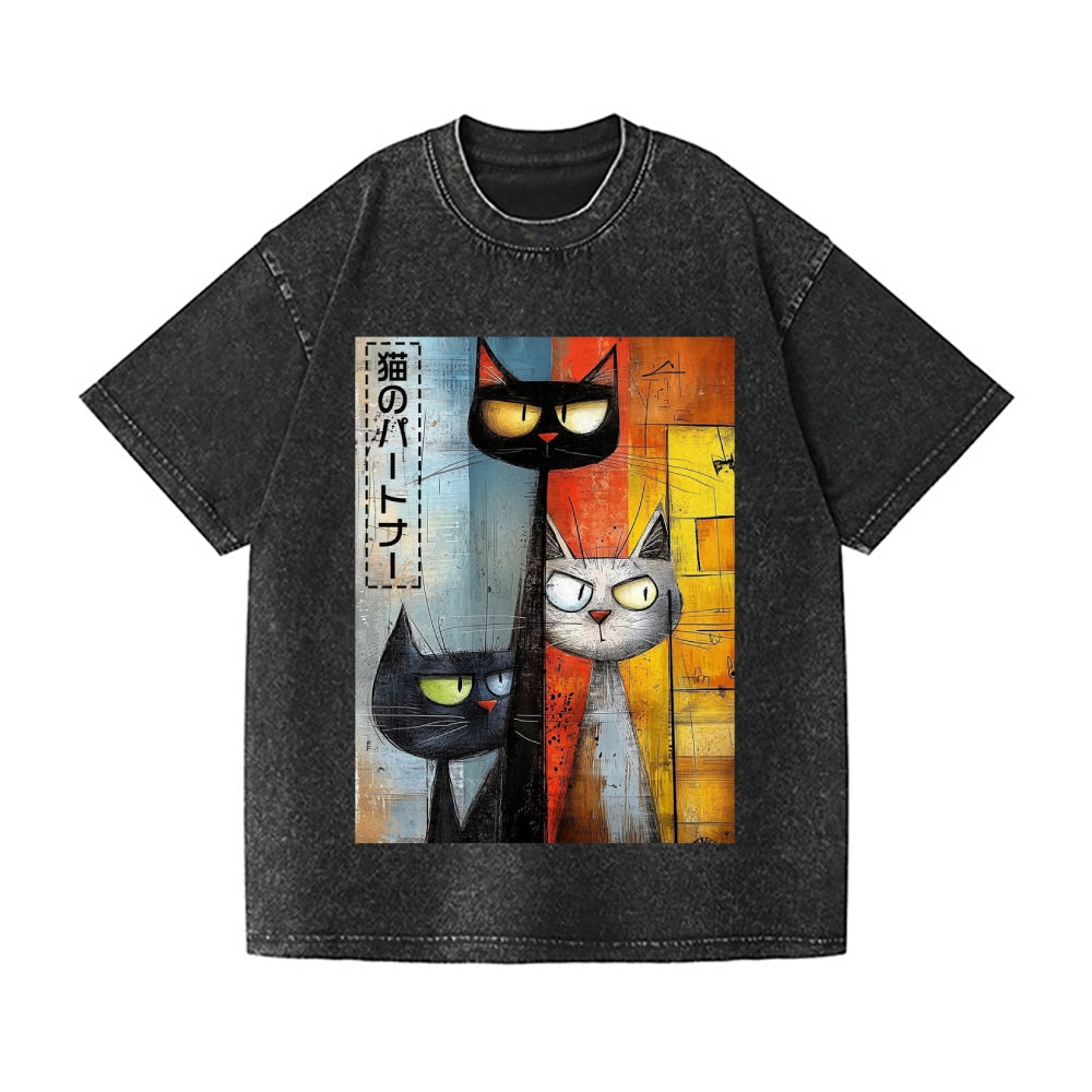 Abstract Cat Vintage Wash Japanese Design T-Shirt