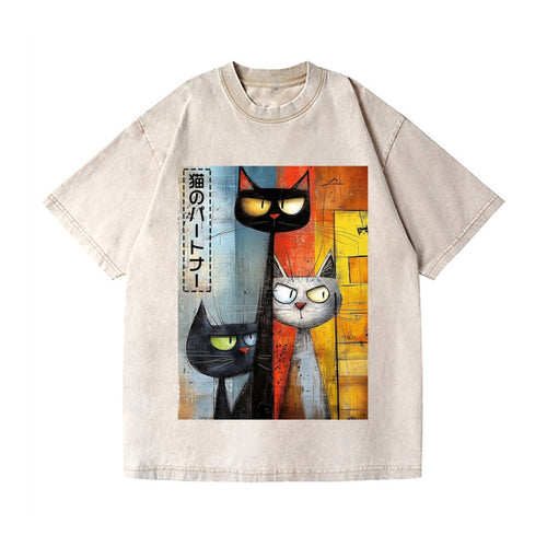 Abstract Cat Vintage Wash Japanese Design T-Shirt