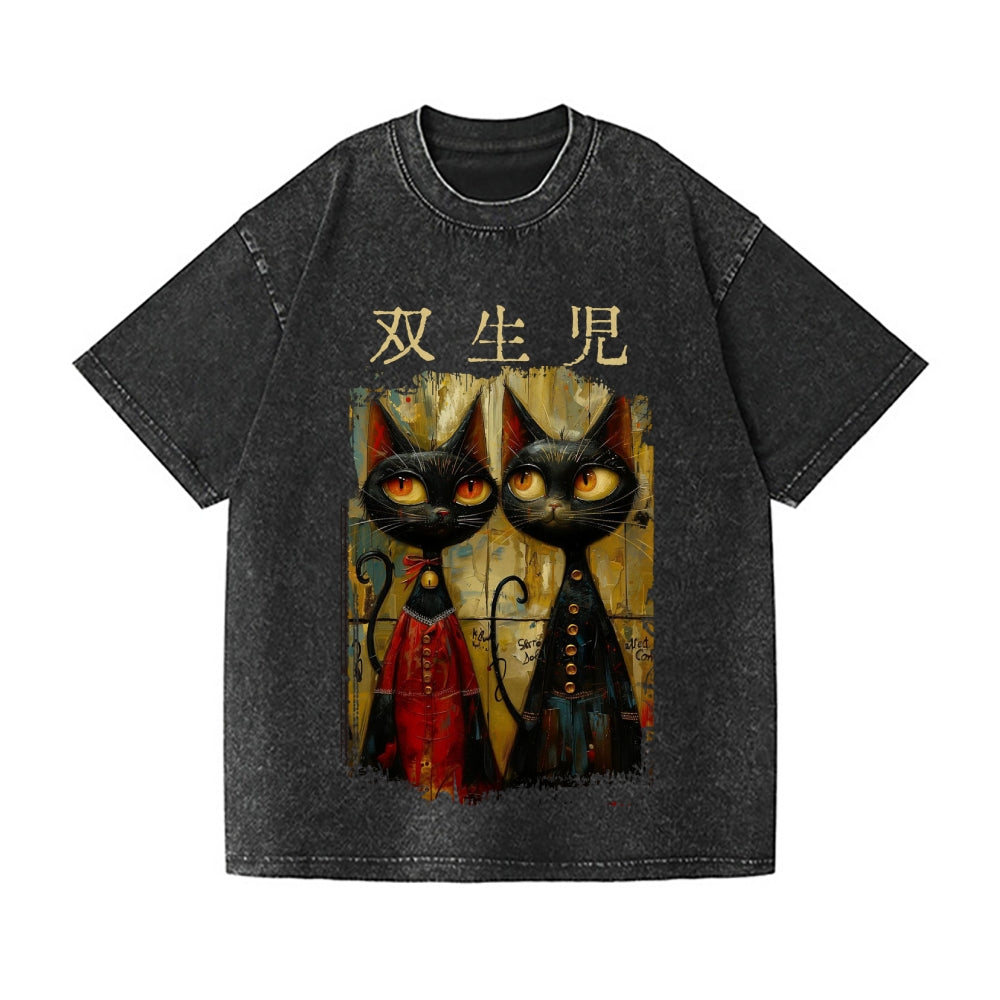 Abstract Cat Vintage Wash Japanese Design T-Shirt