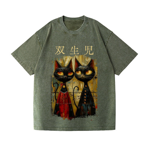 Abstract Cat Vintage Wash Japanese Design T-Shirt