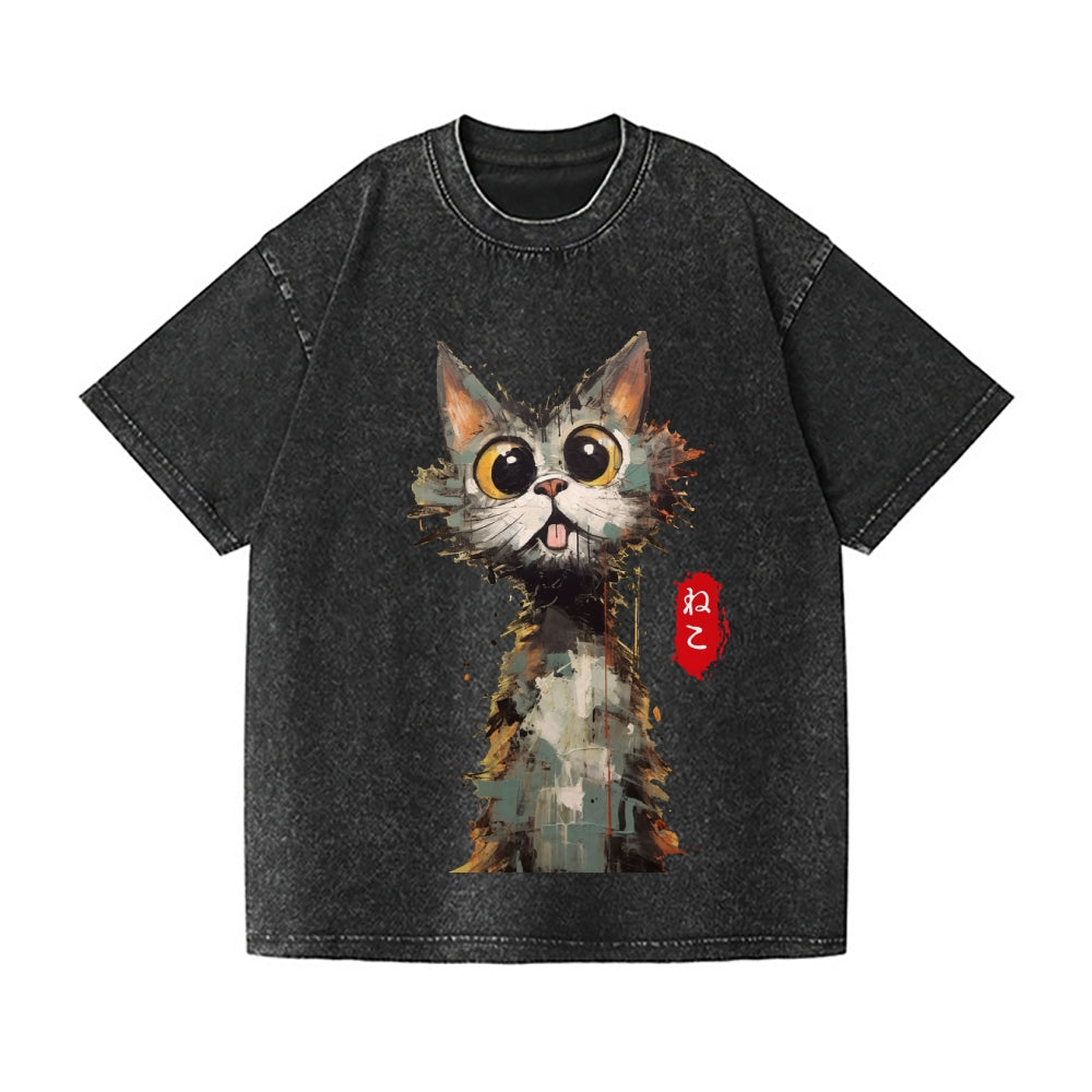 Abstract Cat Vintage Wash Japanese Design T-Shirt