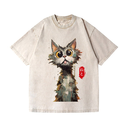 Abstract Cat Vintage Wash Japanese Design T-Shirt