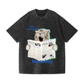Newspaper Cat Vintage Wash Japanese Design T-Shirt