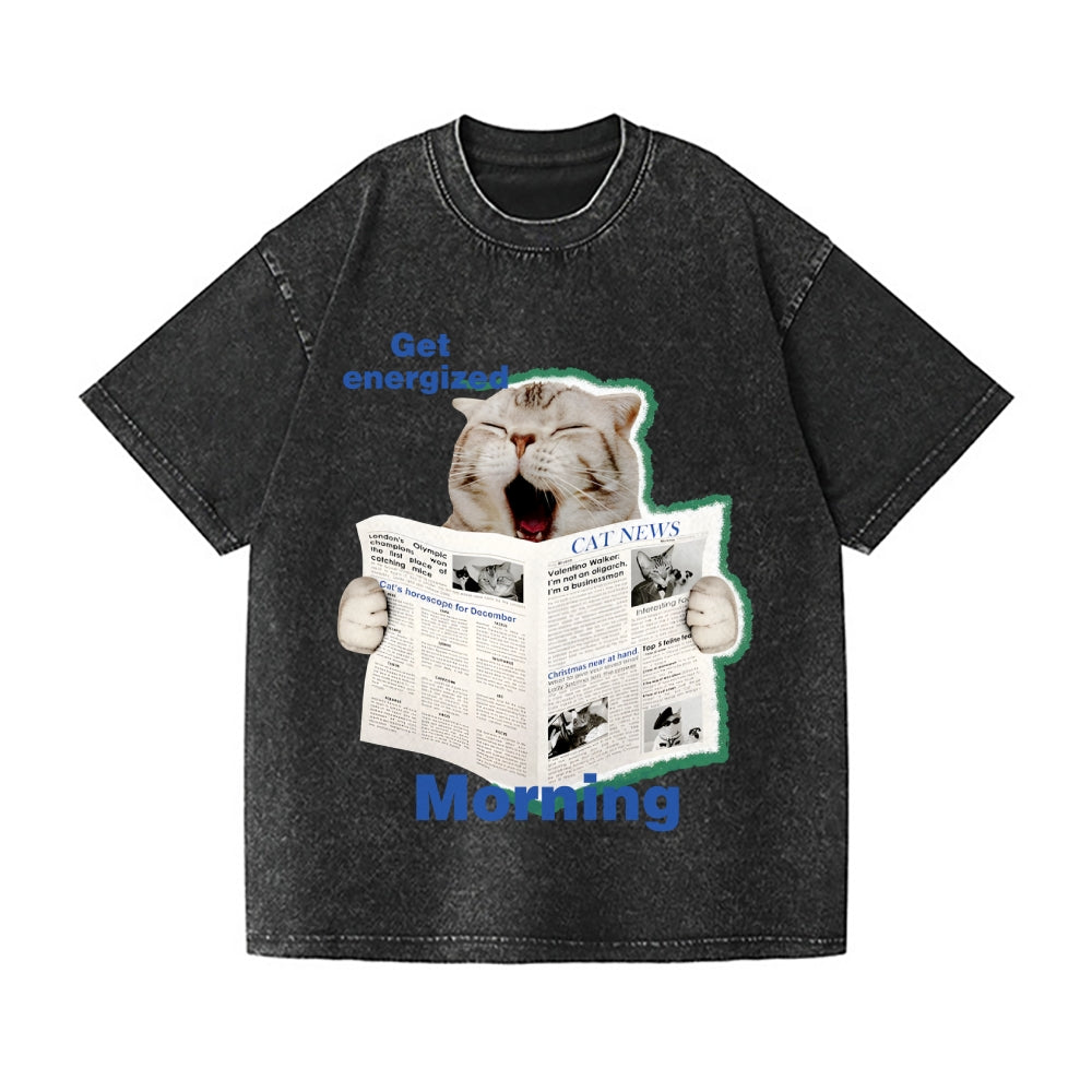 Newspaper Cat Vintage Wash Japanese Design T-Shirt
