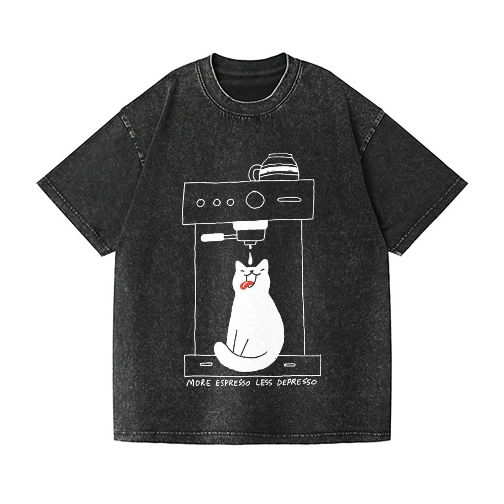 More Espresso, Less Depresso Coffee Cat Vintage Wash Japanese Design T-Shirt