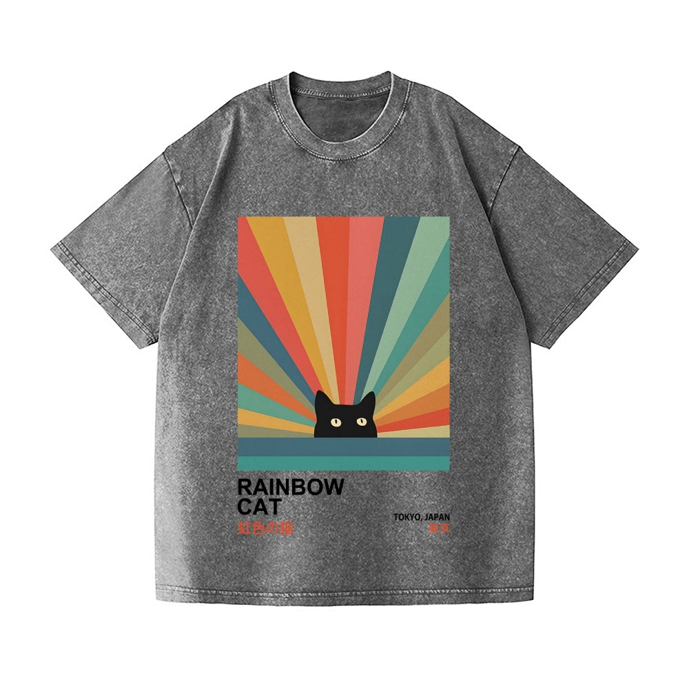 Rainbow Cat Vintage Wash Japanese Design T-Shirt