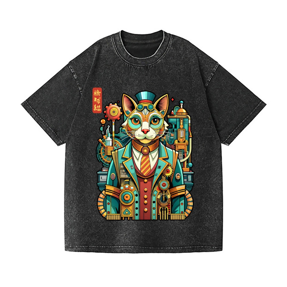 Mechanical Cat Vintage Wash Japanese Design T-Shirt