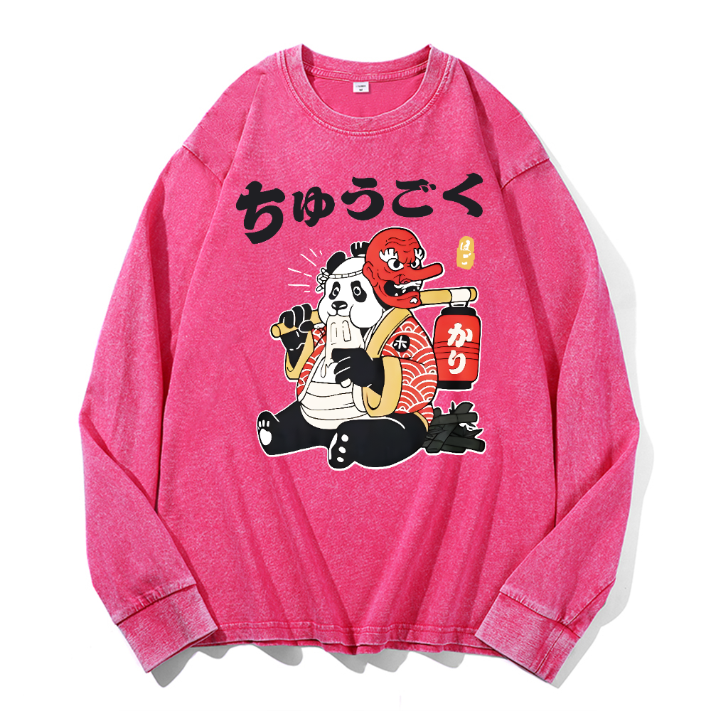 Panda Vintage Cotton Wash Crewneck Long-Sleeve T-Shirt