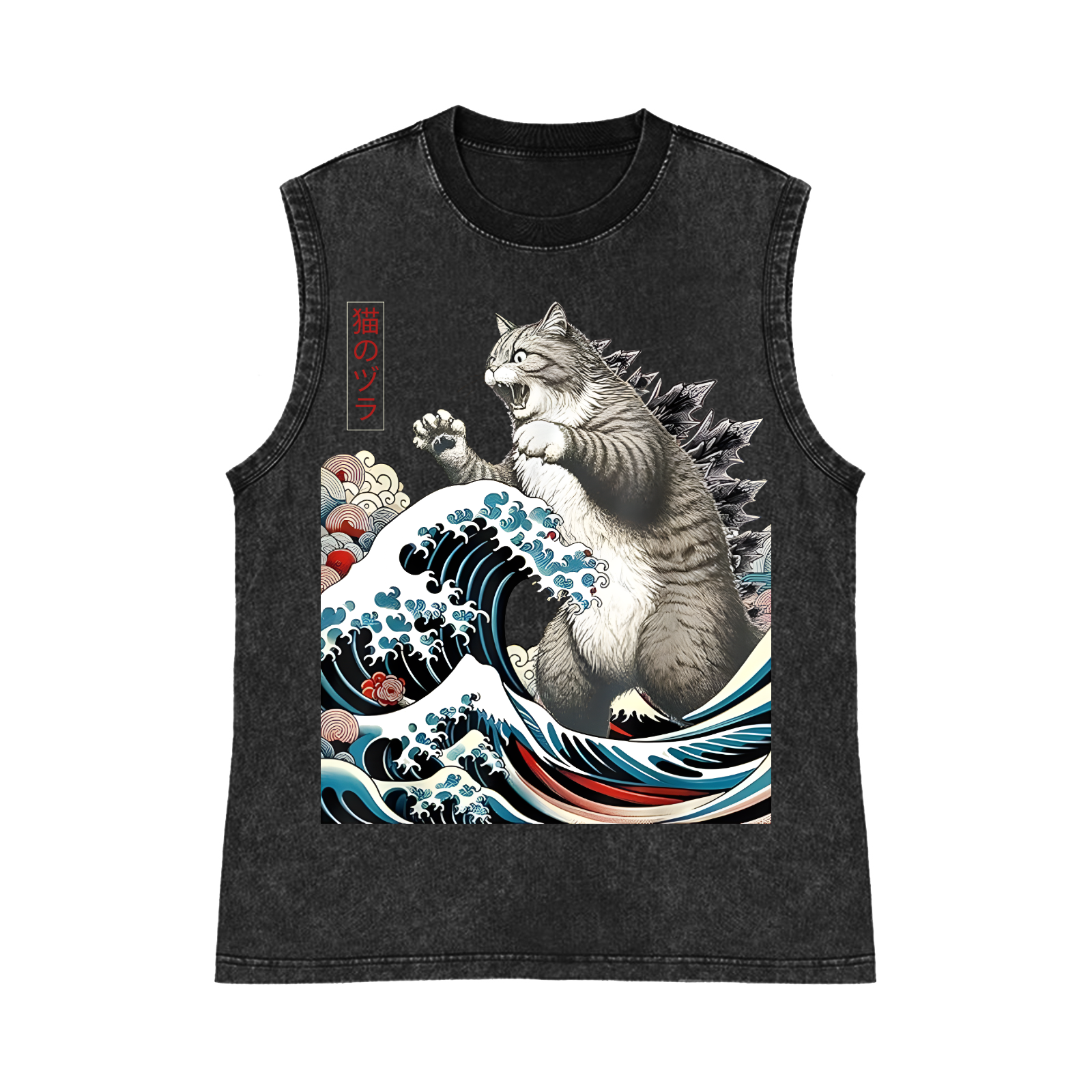 Cat Kaiju Ukiyoe Great Wave Pure Cotton Wash-Dyed Sleeveless Tank Top
