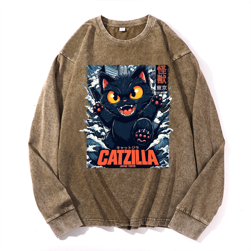 Catzilla Cat Kaiju Vintage Cotton Wash Crewneck Long-Sleeve T-Shirt