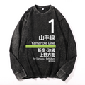 Yamanote Line for Shinjuku & Ikebukuro & Ueno Vintage Cotton Wash Crewneck Long-Sleeve T-Shirt