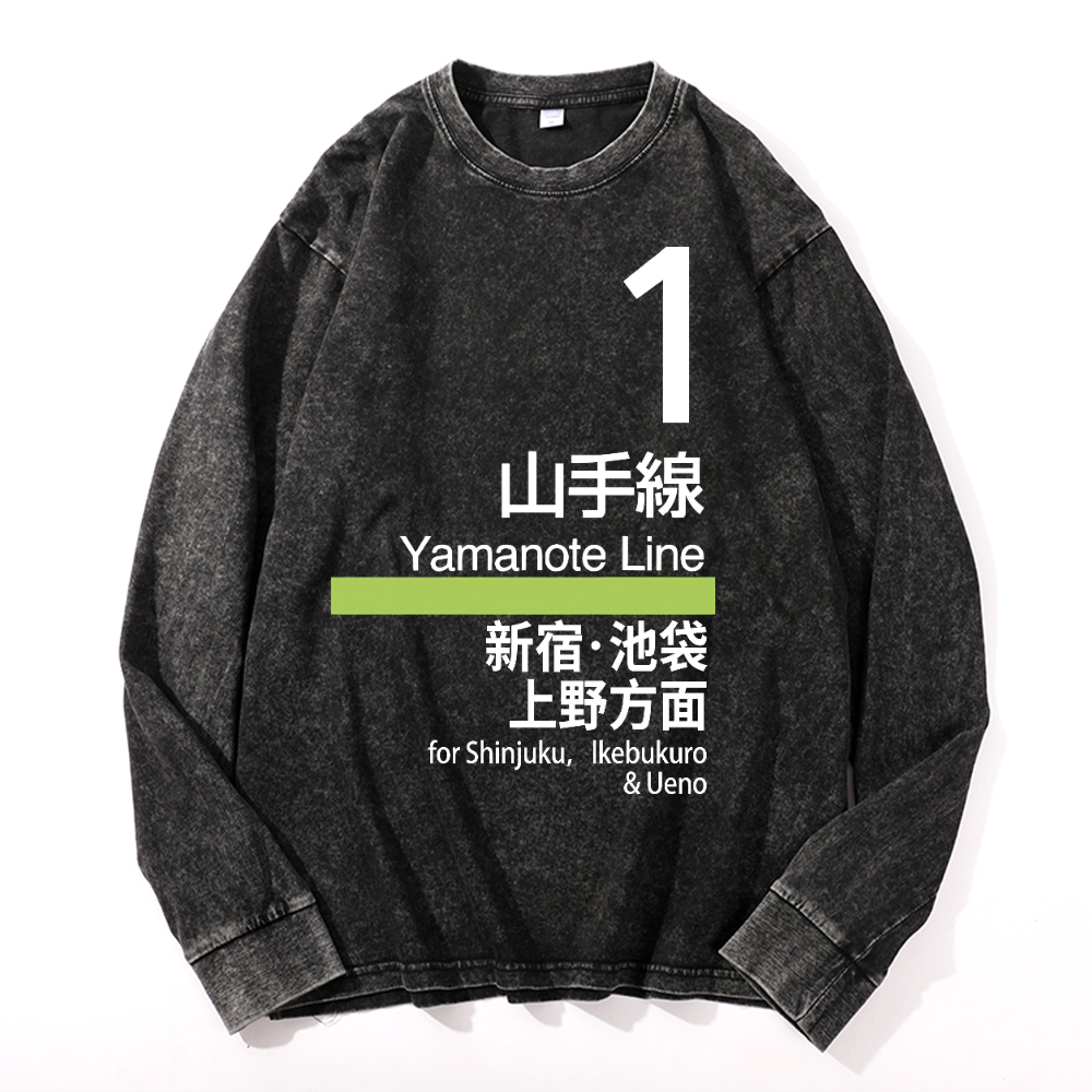 Yamanote Line for Shinjuku & Ikebukuro & Ueno Vintage Cotton Wash Crewneck Long-Sleeve T-Shirt