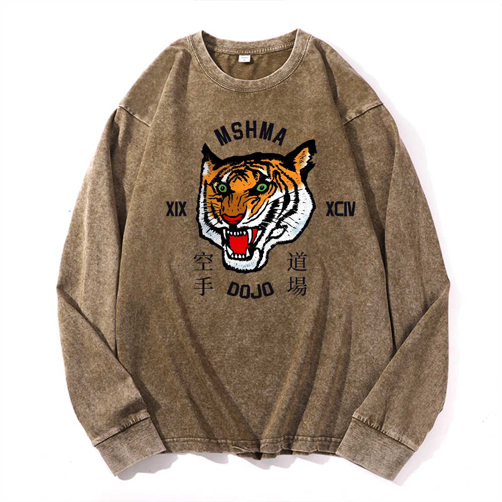 MSHMA Dojo Tiger Vintage Cotton Wash Crewneck Long-Sleeve T-Shirt