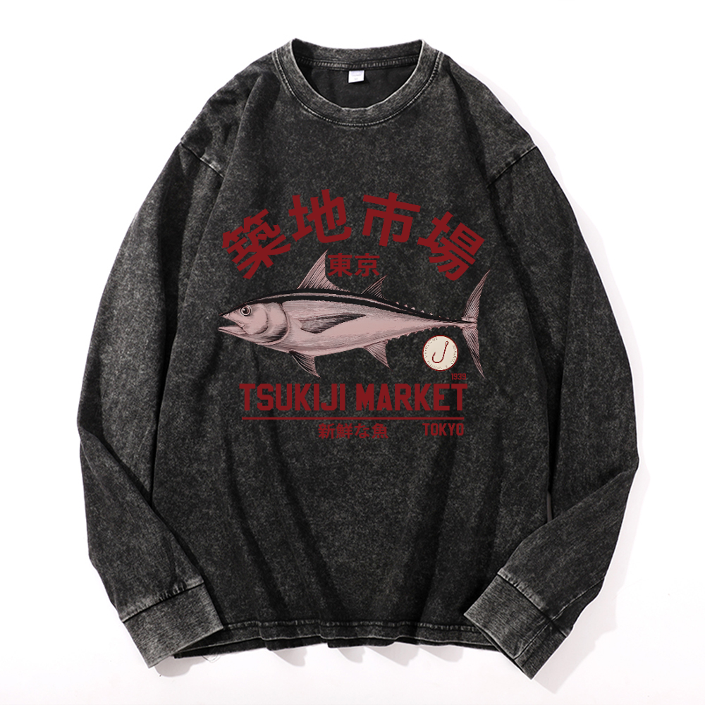 Tsukiji Tuna Fish Market Vintage Cotton Wash Long-sleeve T-shirt