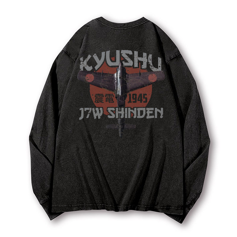 Kyushu J7W Shinden Fighter Vintage Washed Cotton Back Art Long-sleeve T-shirt