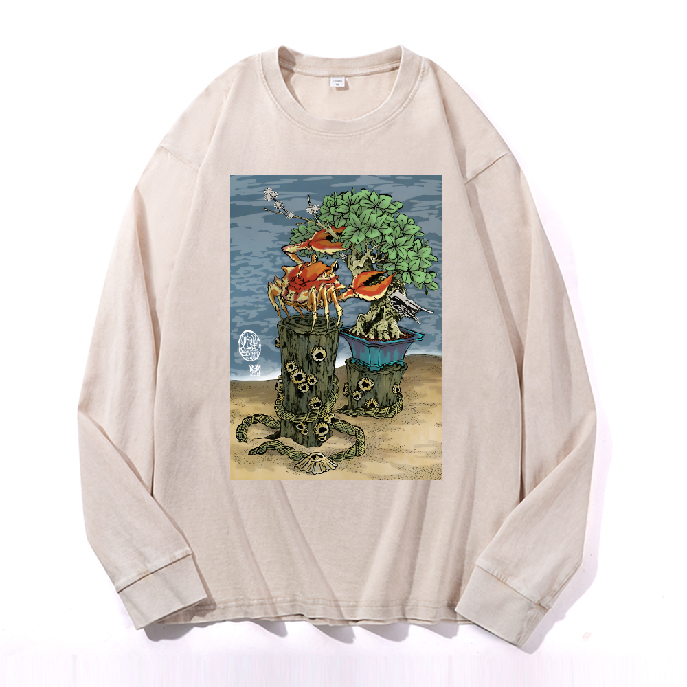 Bonsai Vintage Cotton Wash Crewneck Long-Sleeve T-Shirt