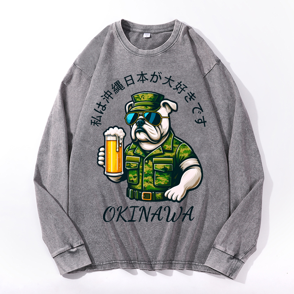 Okinawa Dog Vintage Cotton Wash Crewneck Long-Sleeve T-Shirt