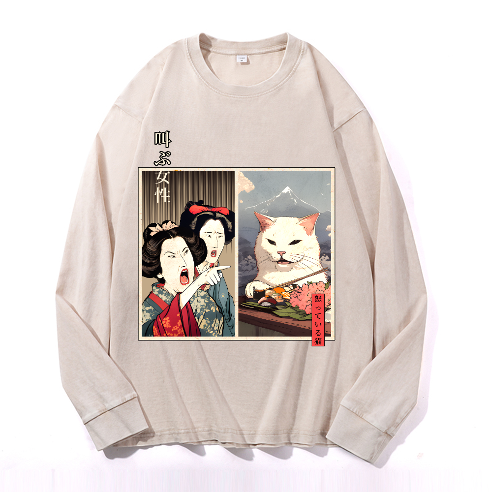Women Yelling Cat Vintage Cotton Wash Crewneck Long-Sleeve T-Shirt