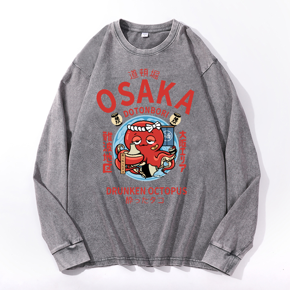 Osaka Dotonbori Drunken Octopus Vintage Cotton Wash Crewneck Long-Sleeve T-Shirt