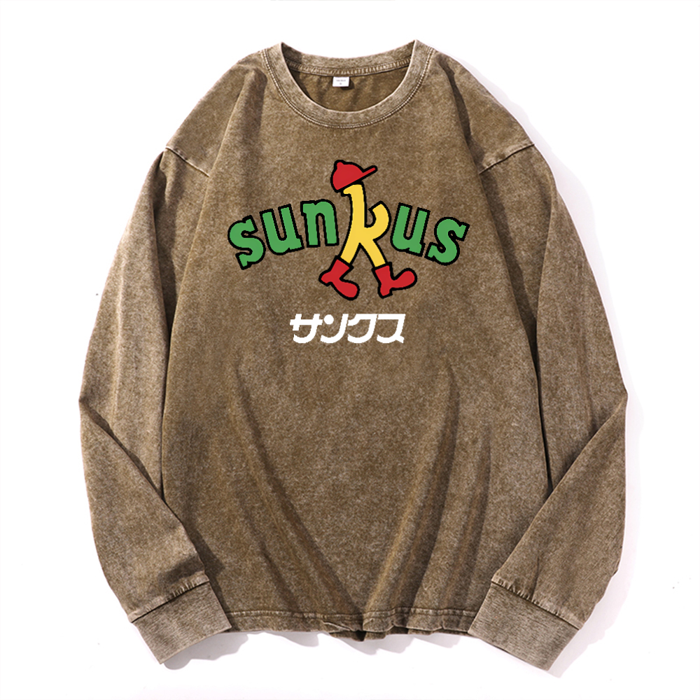 Sunkus Vintage Cotton Wash Crewneck Long-Sleeve T-Shirt