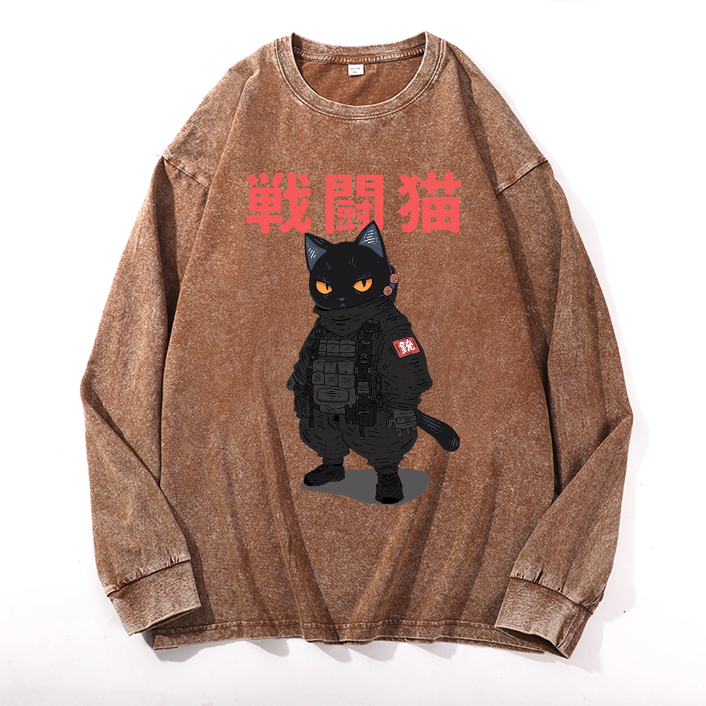 Battle Black Cat Vintage Cotton Wash Crewneck Long-Sleeve T-Shirt