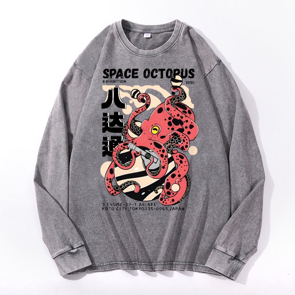 Space Octopus Vintage Cotton Wash Crewneck Long-Sleeve T-Shirt