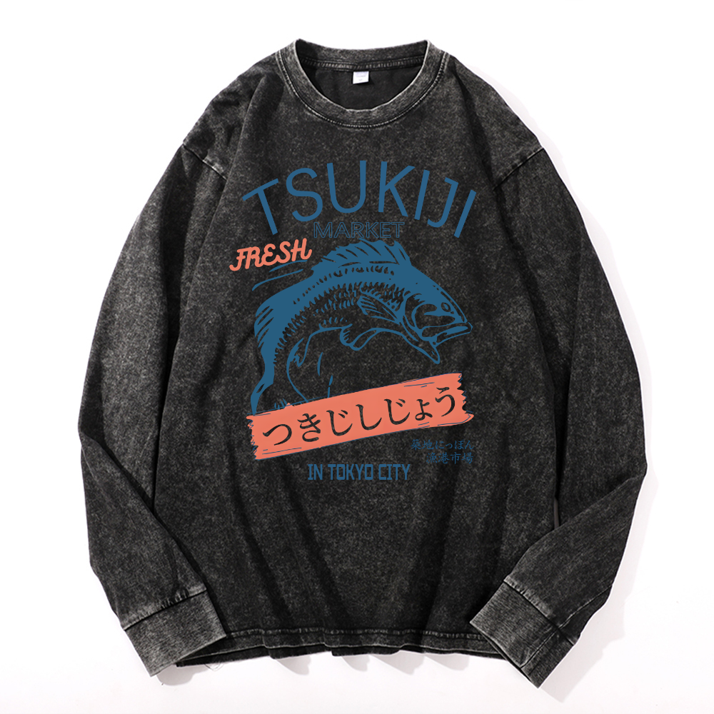 Tsukiji Market Vintage Cotton Wash Crewneck Long-Sleeve T-Shirt