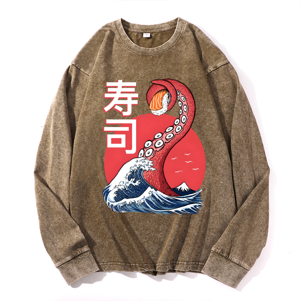 Sushi Octopus Vintage Cotton Wash Crewneck Long-Sleeve T-Shirt