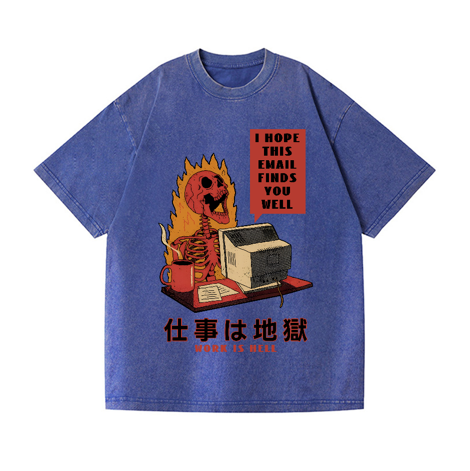 Skull Work Is Hell Vintage Wash Japanese Design T-Shirt