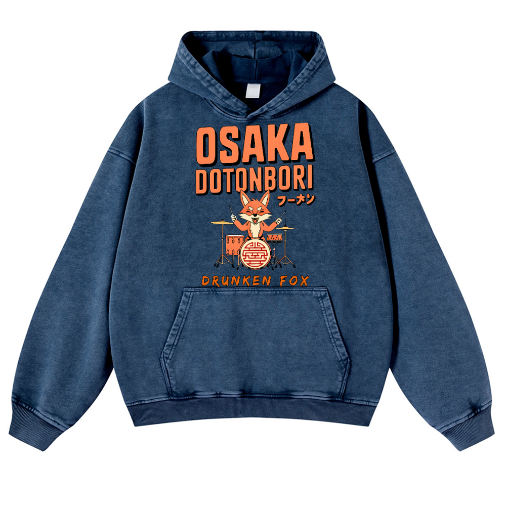 Osaka Dotonbori Drunken Fox Vintage Washed Thick Cotton Hoodie