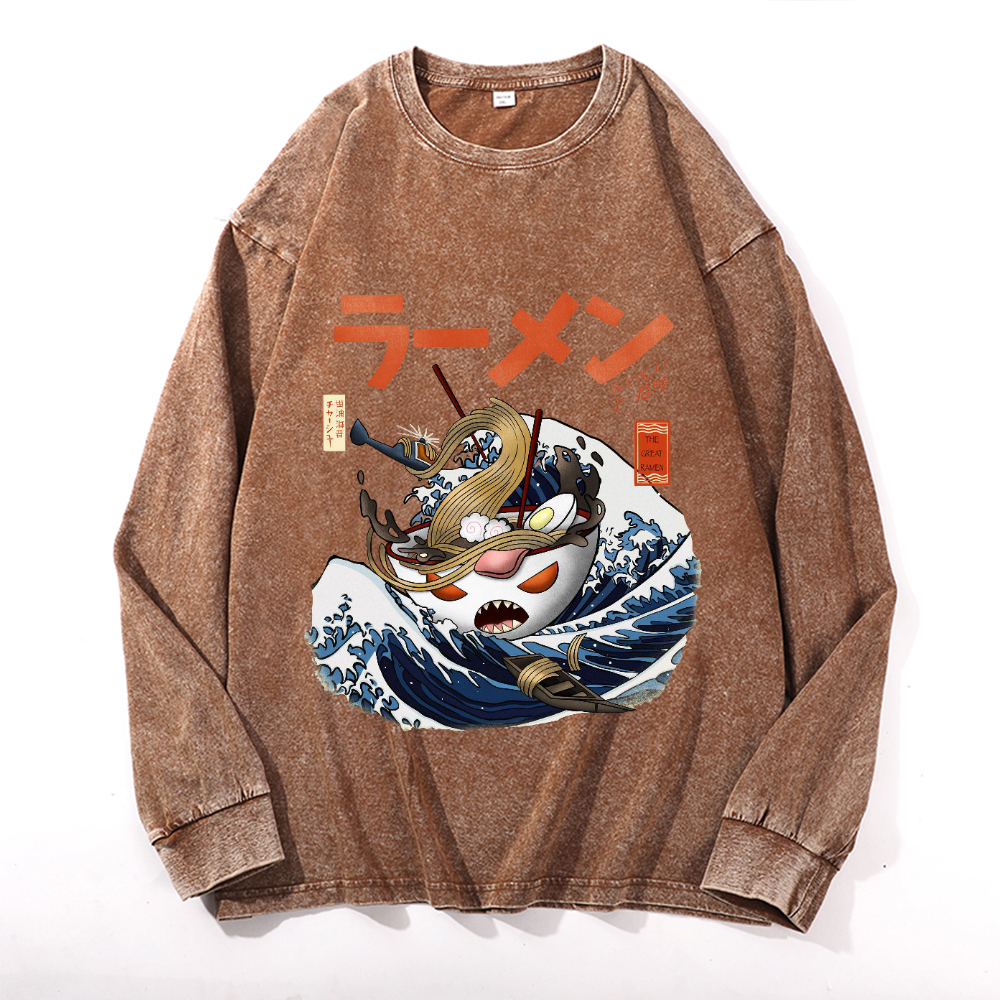 Ramen Wave Vintage Cotton Wash Crewneck Long-Sleeve T-Shirt