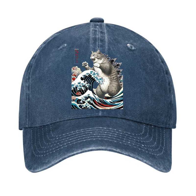 Cat Kaiju Ukiyoe Great Wave Vintage Cotton Hat