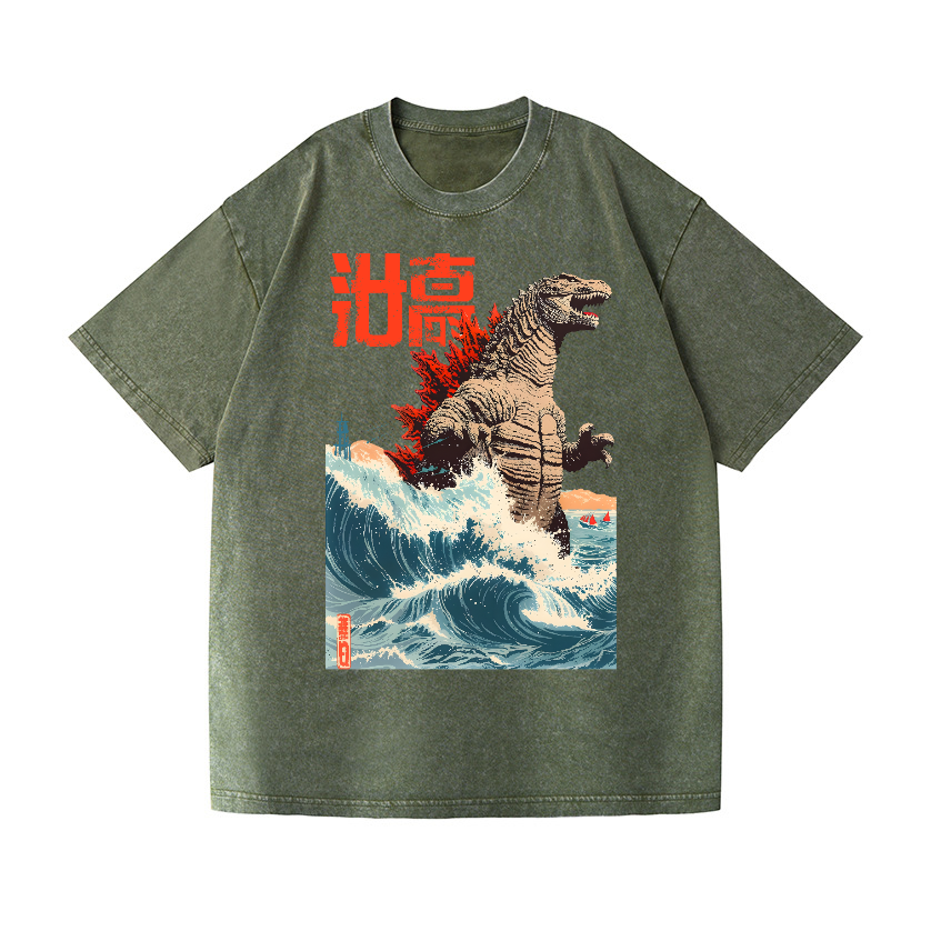 Kaiju Wave Vintage Wash Japanese Design T-Shirt