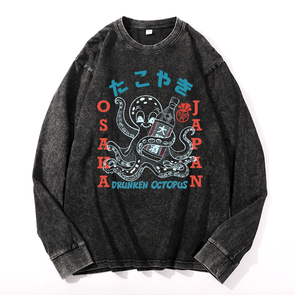 Drunken Octopus Vintage Cotton Wash Crewneck Long-Sleeve T-Shirt