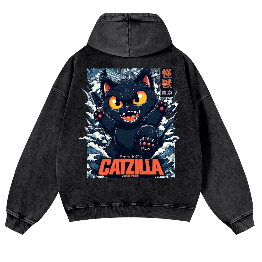 Catzilla Cat Kaiju Vintage Washed Cotton Back Art Hoodie