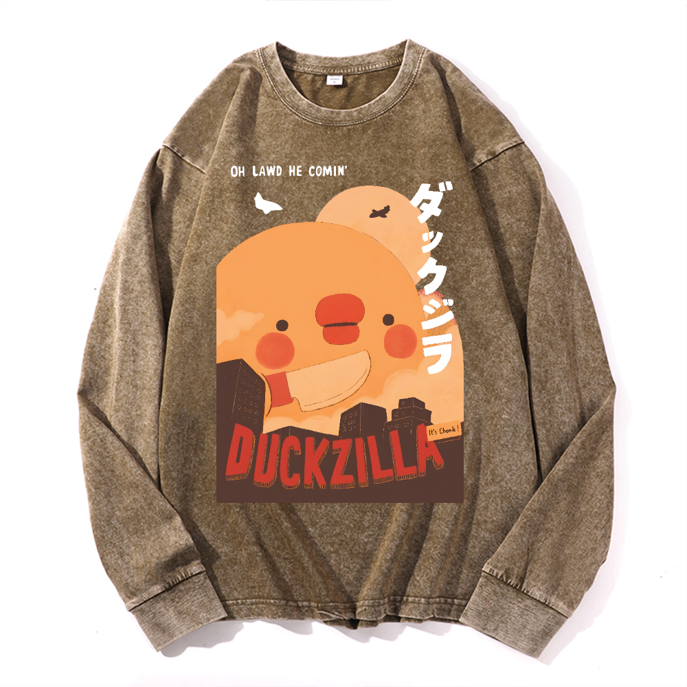 Duck Kaiju Vintage Cotton Wash Crewneck Long-Sleeve T-Shirt