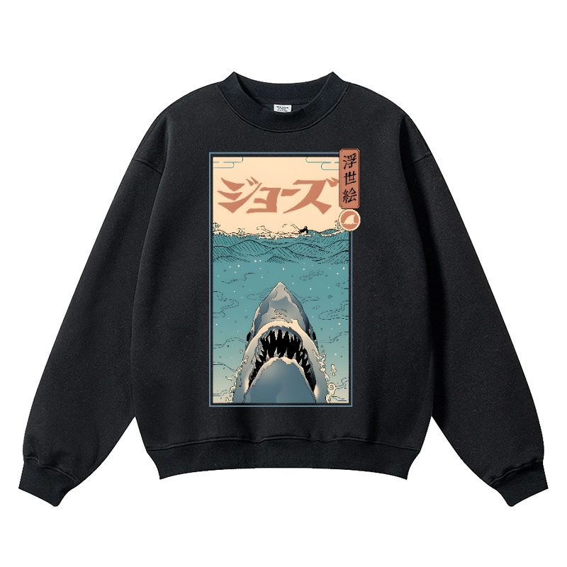Ukiyoe Jaws Shark Vintage Cotton Blend Crewneck Sweatshirt